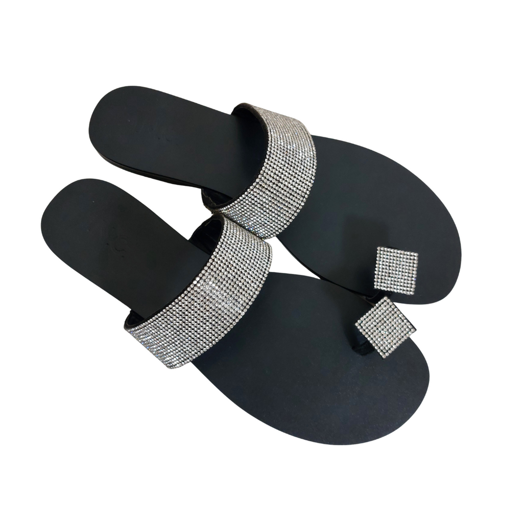 I.N.C Black Leatherette 'Gavena' Rhinestone Flat Sandals | Brand New |