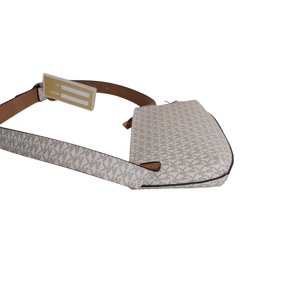 Michael Kors White & Brown Monogram Center Stripe Faux-Leather Belt Bag | Brand New |