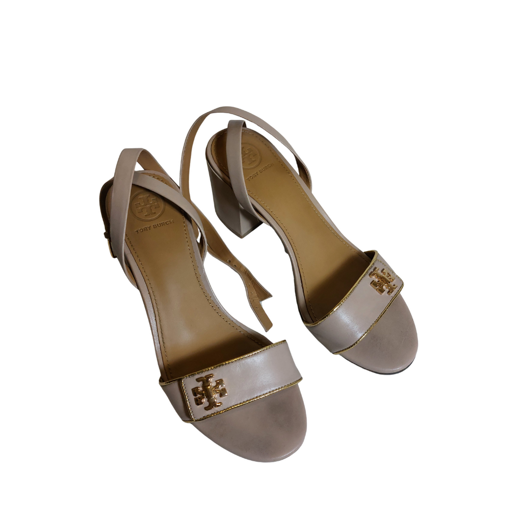 Tory Burch Light Taupe Calf Leather 'Kira' Wedge Sandals | Pre Loved |