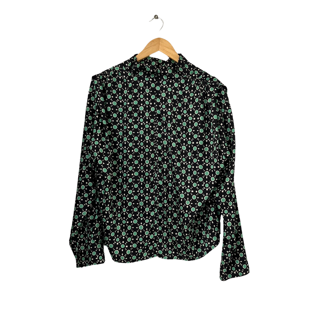 Zara Black & Green Printed Satin Mock-Neck Blouse | Like New |