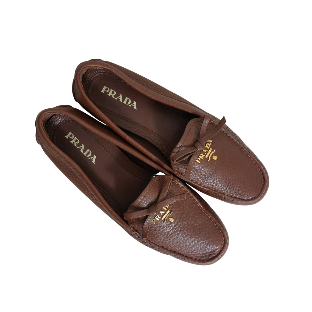 Prada Brown Pebbled Leather Loafers | Pre Loved |