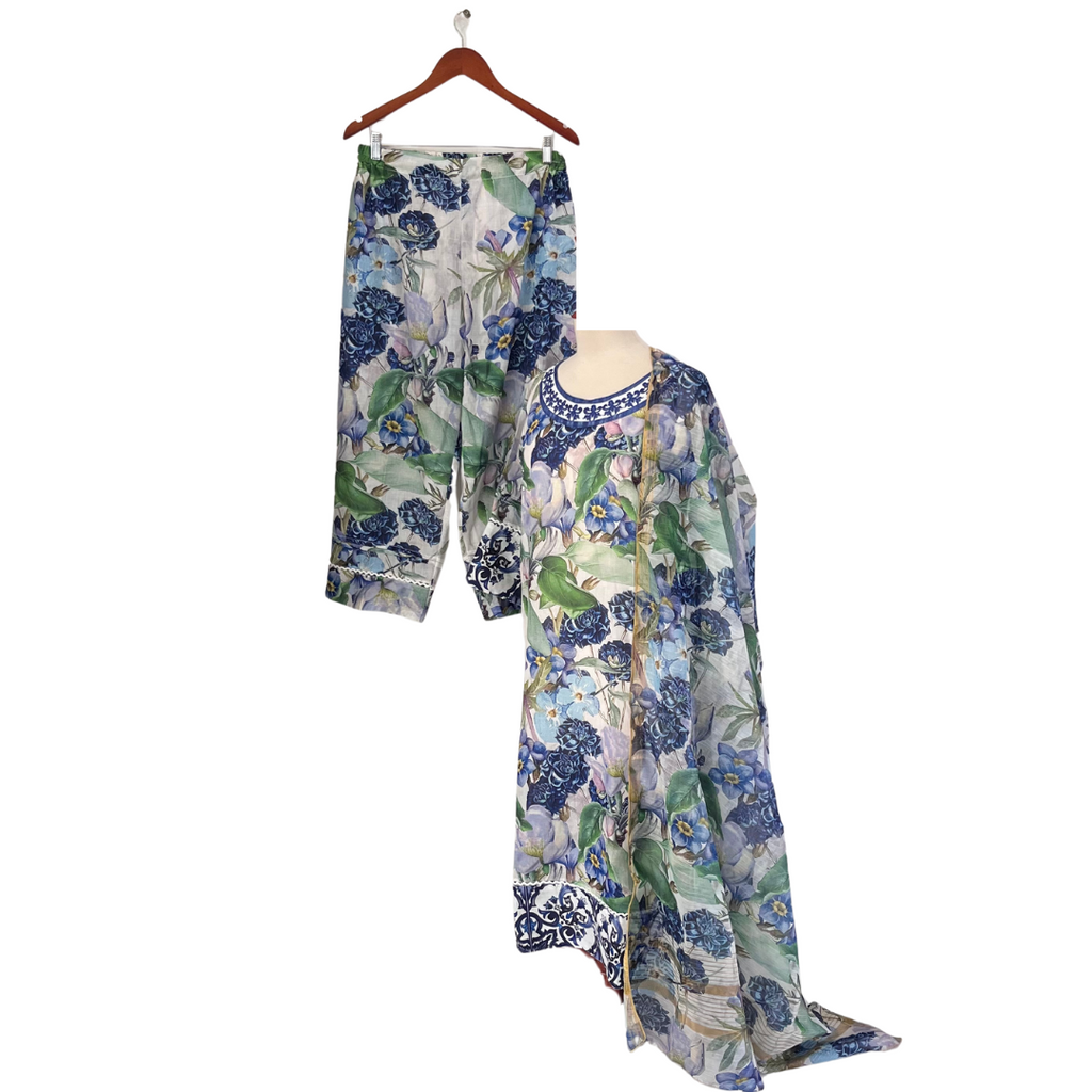 Huma Dil Nawaz Blue & Green Floral Printed 3 Piece Outfit | Gently Used |