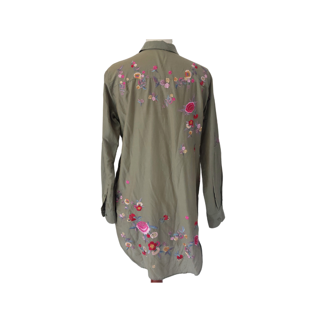 Zara Khaki Green Floral Embroidered Collared Long Shirt | Gently Used |