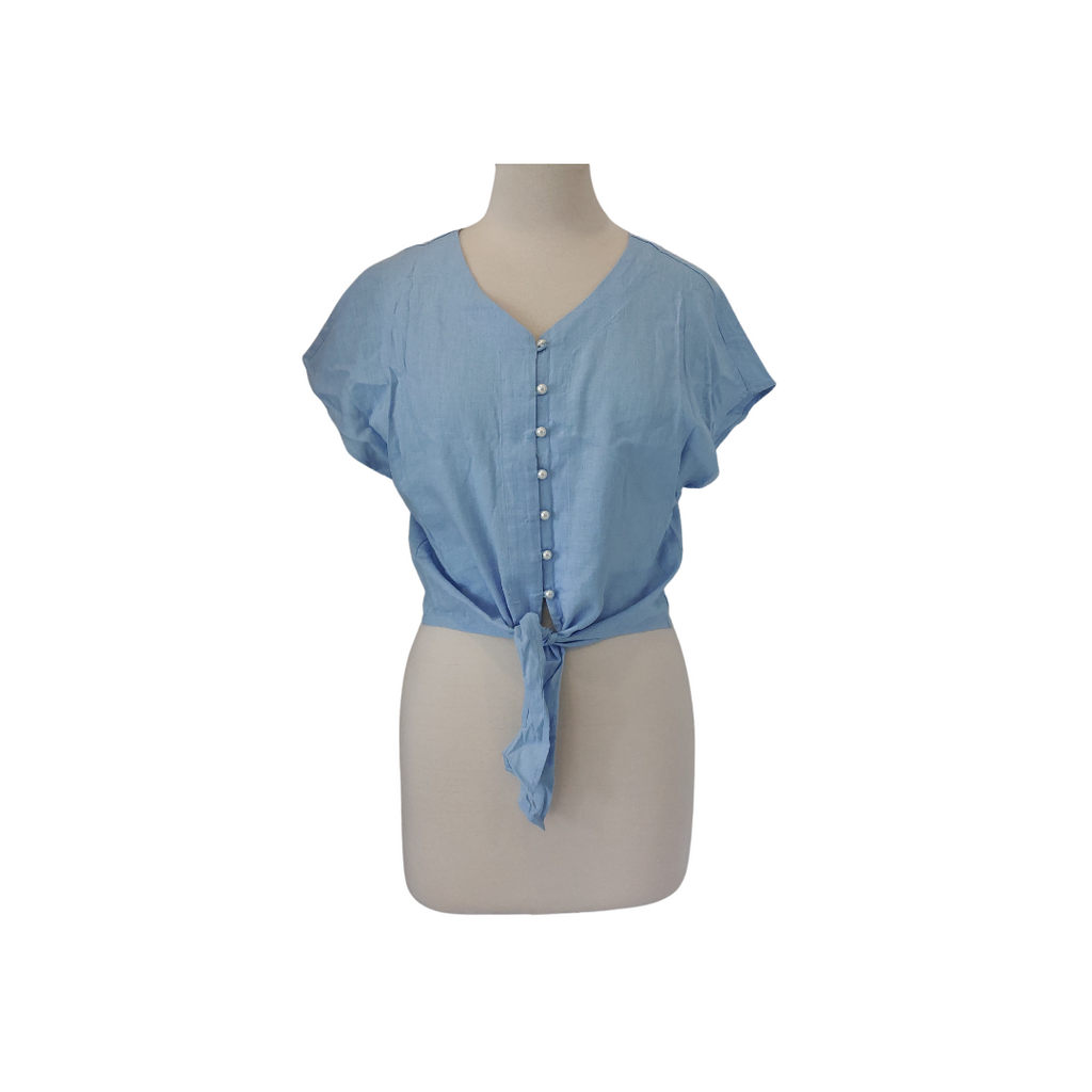 Splash Blue Pearls Button Front Knot Crop Top | Brand New |