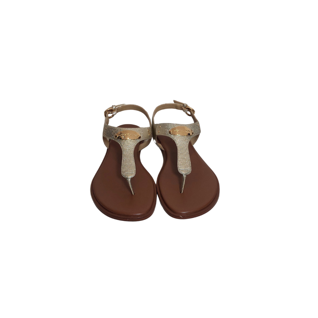 Michael Kors Gold MK Plate Leather Thongs Sandals | Brand New |
