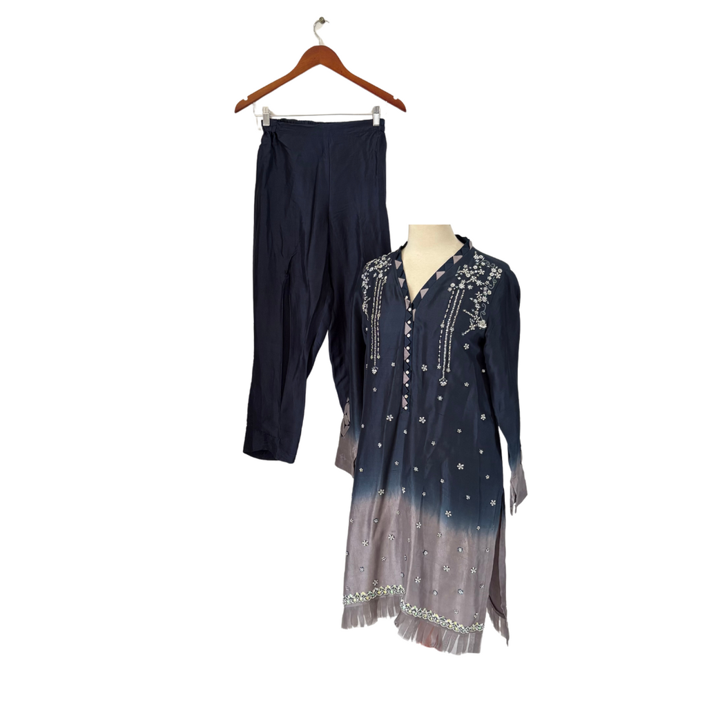 Momina Teli Blue & Grey Ombre Embellished & Appliqué Outfit (2 PC) | Pre Loved |