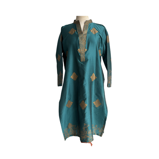 Sanober Azfar Teal Green Raw Silk Blocked Print Outfit (3 piece) | Pre Loved |