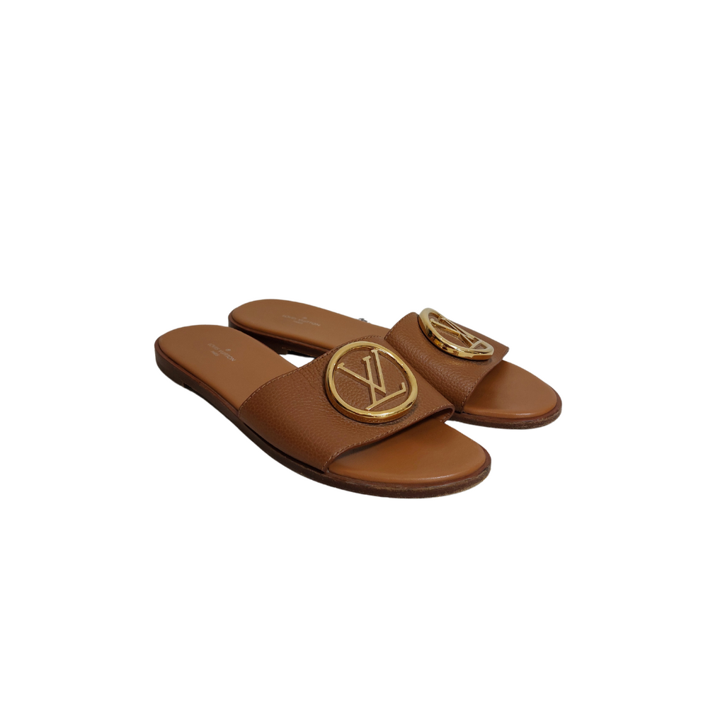 Louis Vuitton Brown Leather Lock It Flat Slides | Pre Loved |