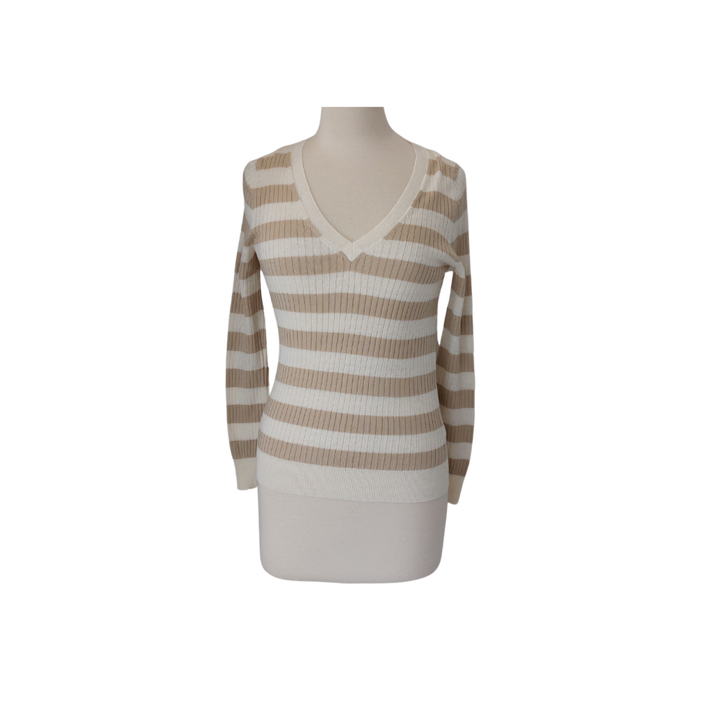 Massimo Dutti Beige & White Striped V-neck Ribbed Sweater | Brand New |