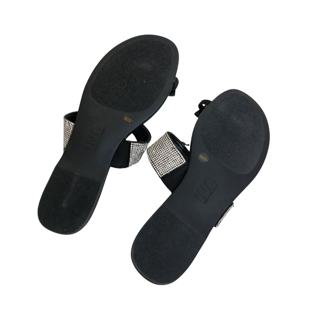 I.N.C Black Leatherette 'Gavena' Rhinestone Flat Sandals | Brand New |