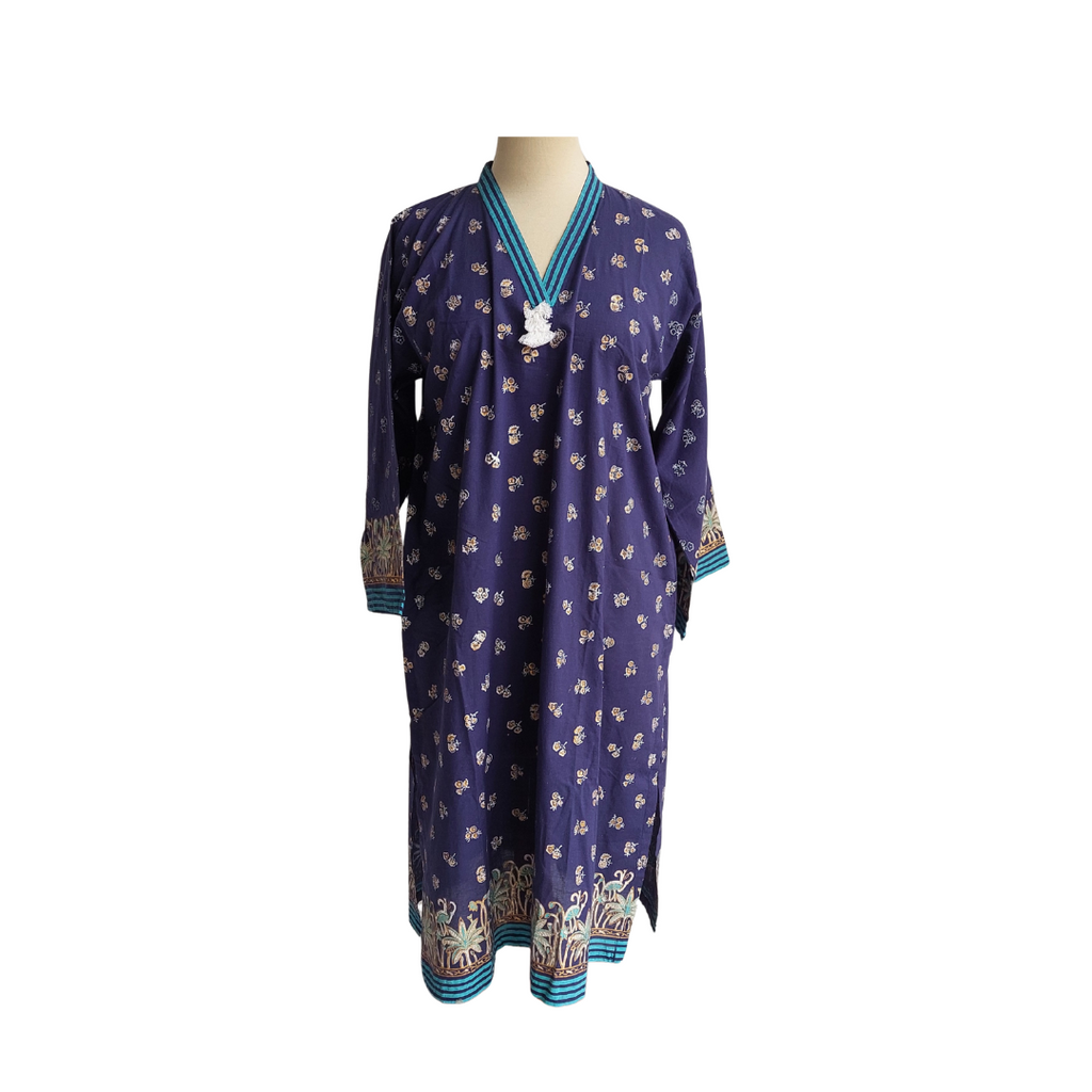 Blocked Blue Floral Print Teal Striped Kurta | Gently Used |