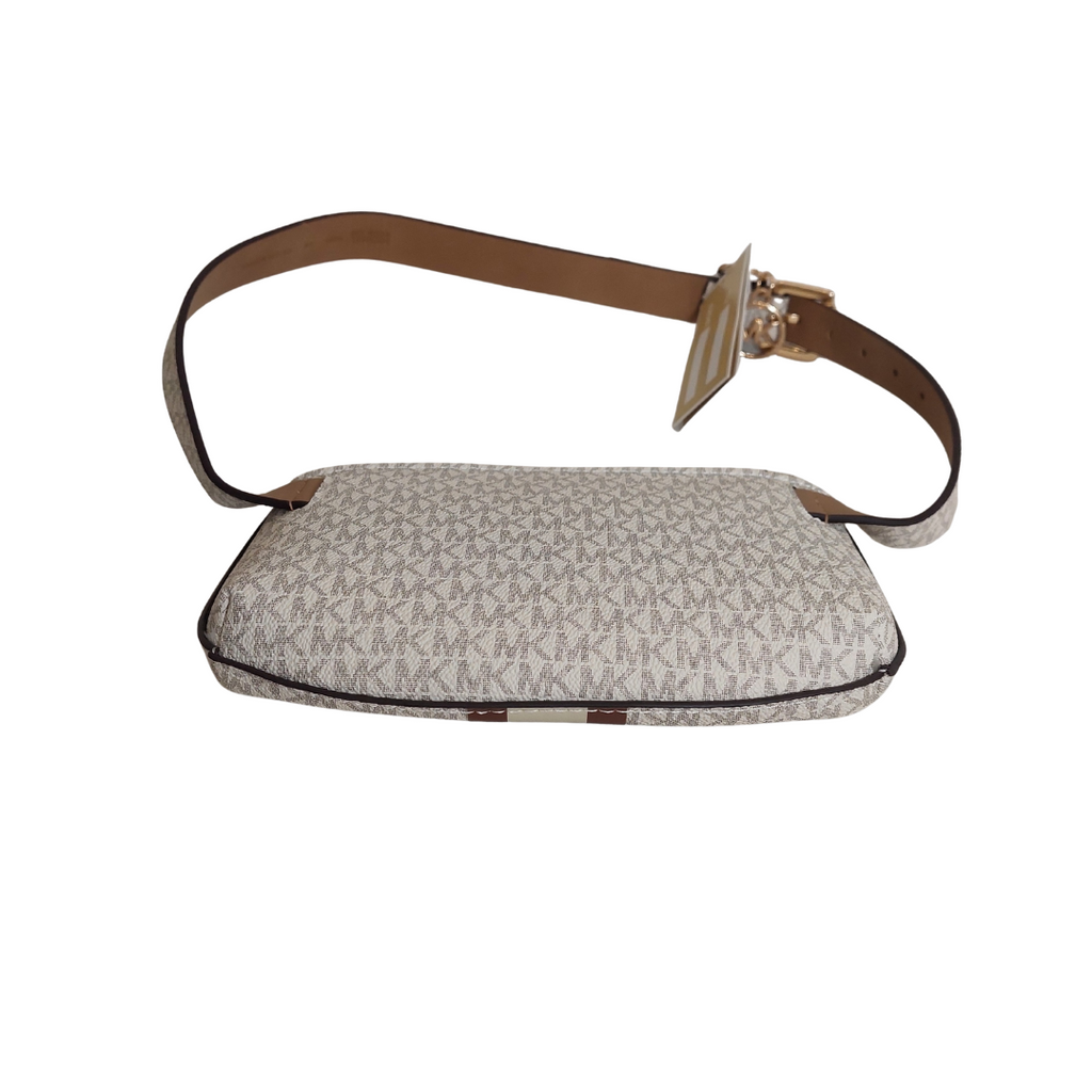 Michael Kors White & Brown Monogram Center Stripe Faux-Leather Belt Bag | Brand New |