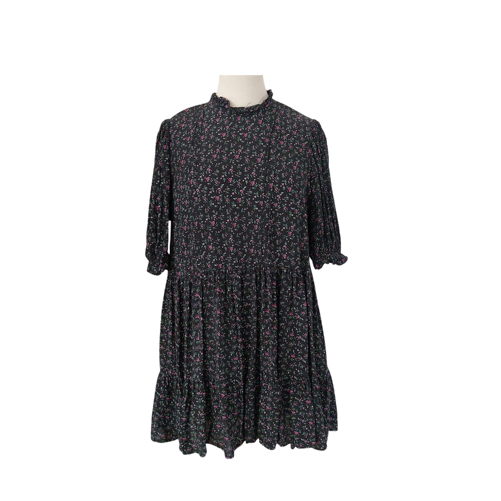 Zara Black Floral Printed Pleated Short Dress | Like New |