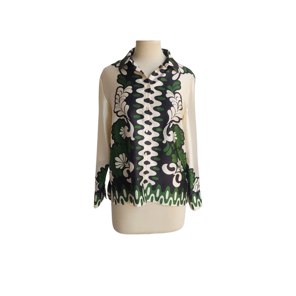 ZARA Cream, Green, & Black Satin Printed Button Down Shirt | Gently Used |