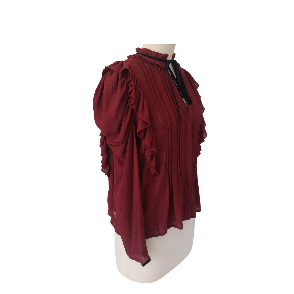 Zara Maroon Ruffled Pleated Blouse | Gently Used |