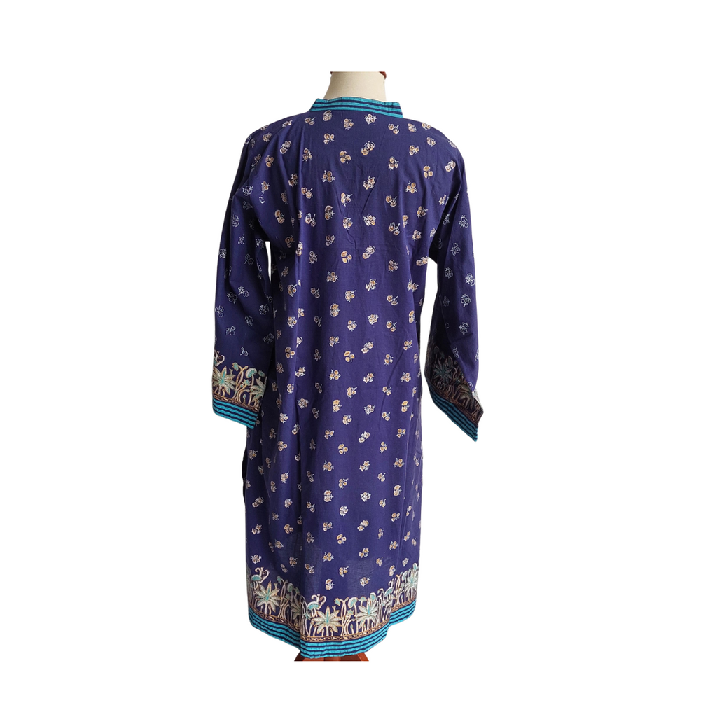 Blocked Blue Floral Print Teal Striped Kurta | Gently Used |
