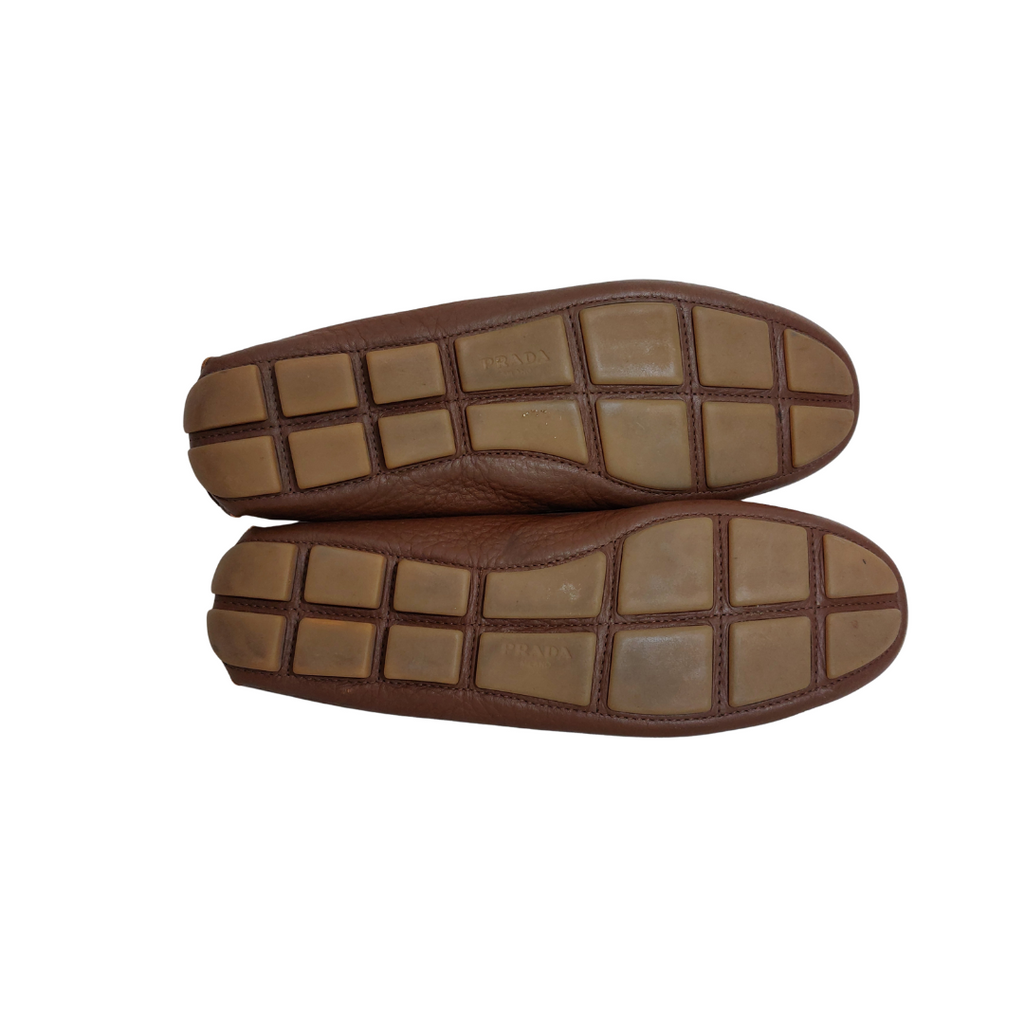 Prada Brown Pebbled Leather Loafers | Pre Loved |