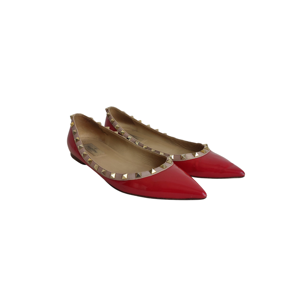 Valentino Red Patent Leather Rockstud Pointed Toe Ballerina Flats | Pre Loved |