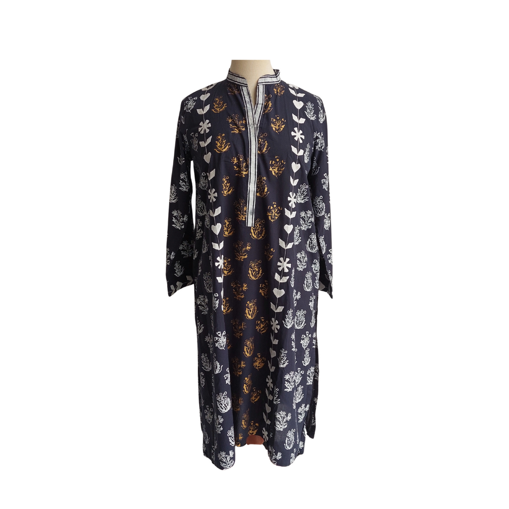 Blocked Navy White & Gold Printed Applique Kurta | Pre Loved |