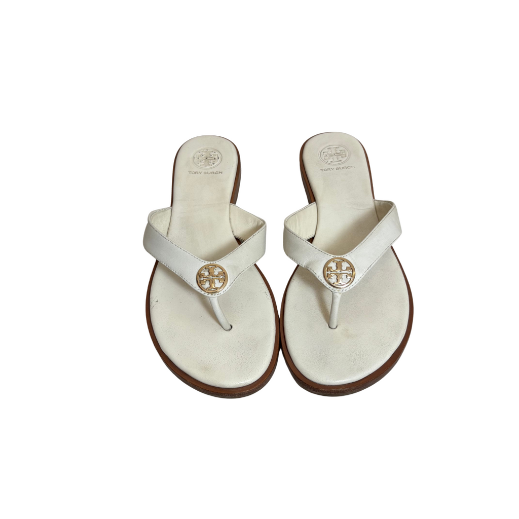 Tory Burch Ivory Leather Benton Thong Sandals | Pre Loved |
