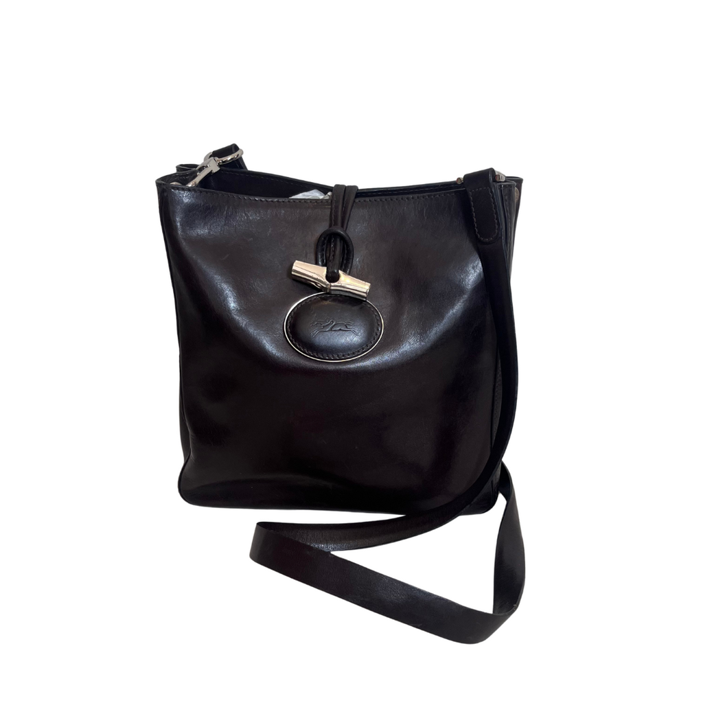 Longchamp Dark Brown Leather Crossbody Bag | Pre Loved |