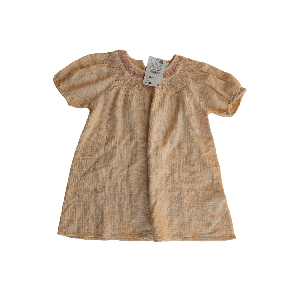 Zara Light Yellow Thread Embroidered Short Sleeve Top (3-4 Years) | Brand New |