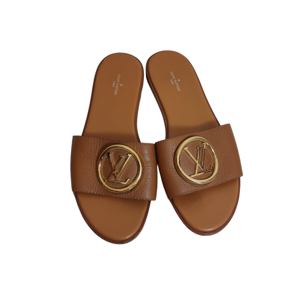 Louis Vuitton Brown Leather Lock It Flat Slides | Pre Loved |