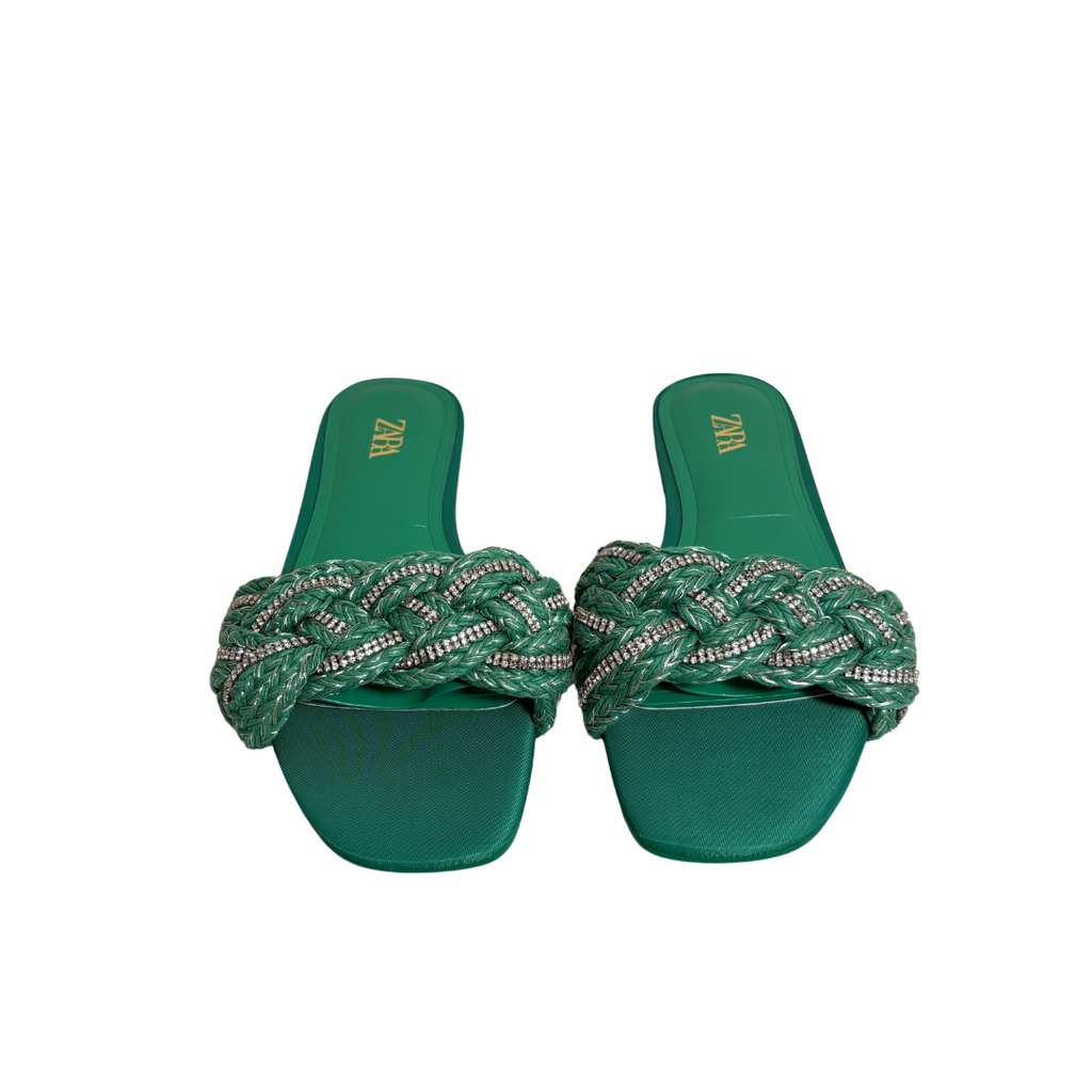 ZARA Green Woven Rhinestone Slip On Flat Sandals | Gently Used |