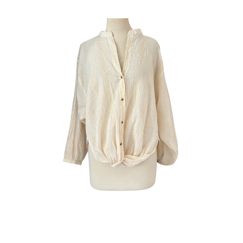 Zara Cream & Gold Striped Button Down Waist Tie Shirt | Brand New |