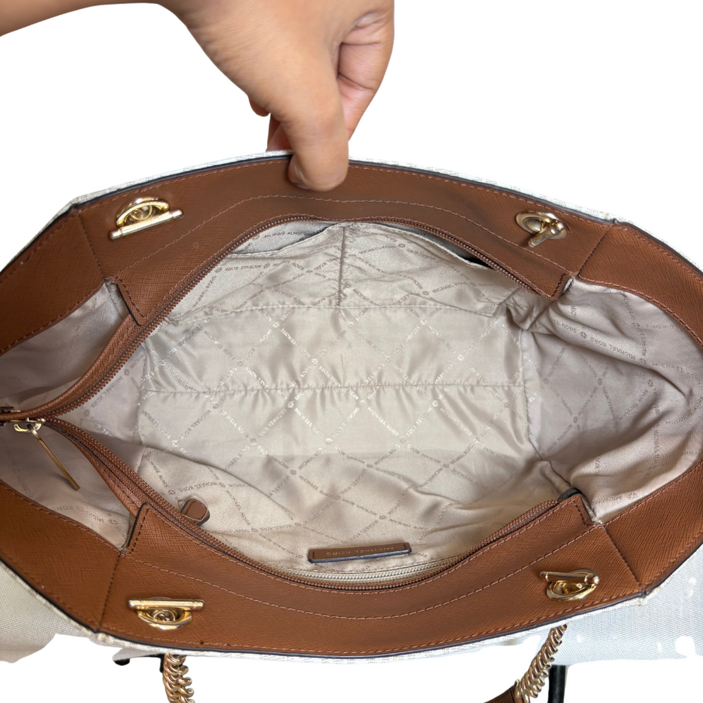 Michael Kors Vanilla Monogram Jet Set Travel Chain Shoulder Tote | Gently Used |