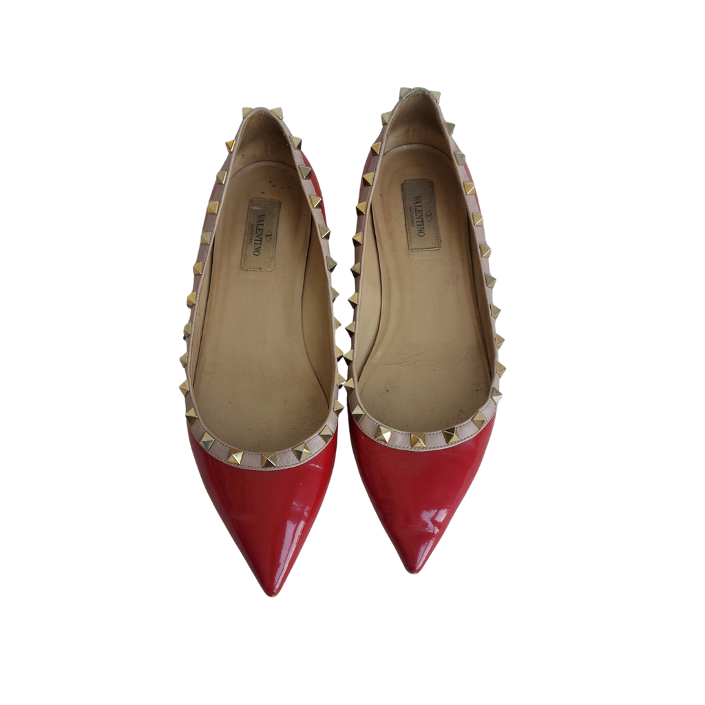 Valentino Red Patent Leather Rockstud Pointed Toe Ballerina Flats | Pre Loved |