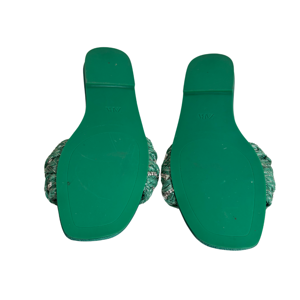 ZARA Green Woven Rhinestone Slip On Flat Sandals | Gently Used |