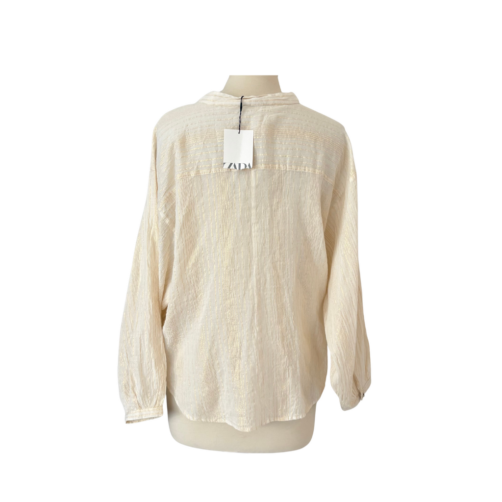 Zara Cream & Gold Striped Button Down Waist Tie Shirt | Brand New |