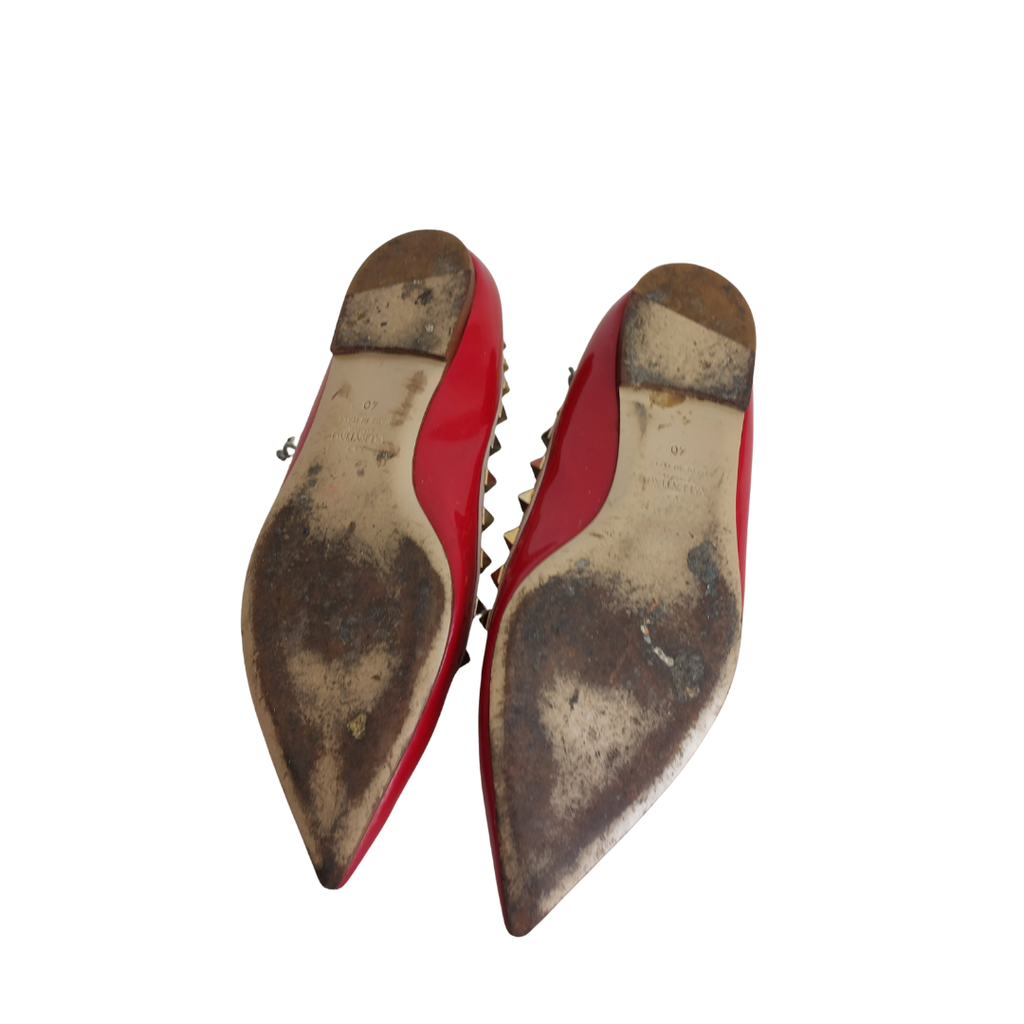 Valentino Red Patent Leather Rockstud Pointed Toe Ballerina Flats | Pre Loved |