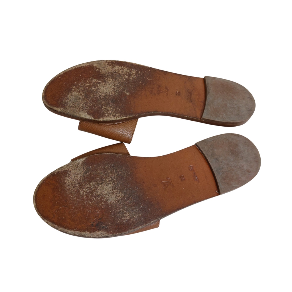 Louis Vuitton Brown Leather Lock It Flat Slides | Pre Loved |