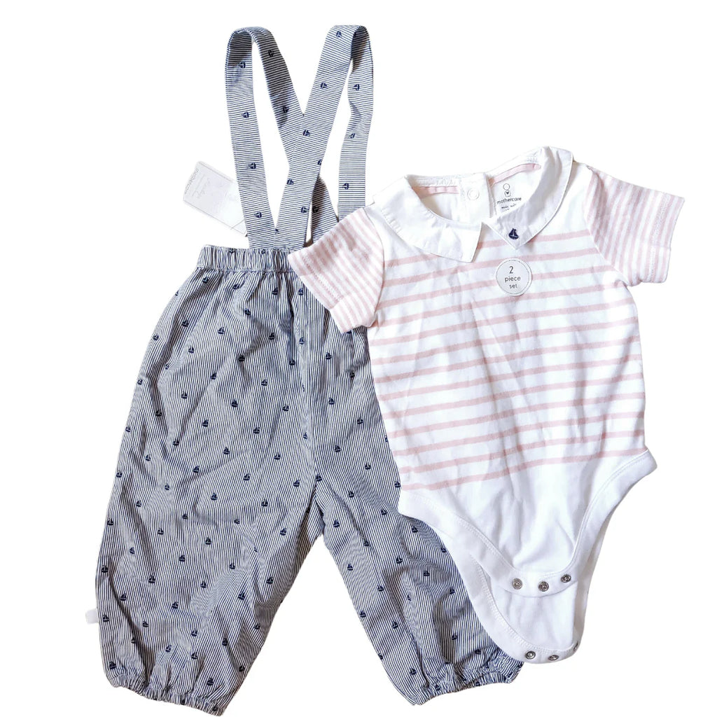 Mothercare Blue Striped Sailboat Overalls Set (2pc) (6-9 Months) | Brand New |