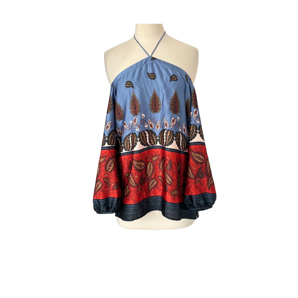 Loft Blue & Red Paisley Printed Off-Shoulder Blouse | Like New |