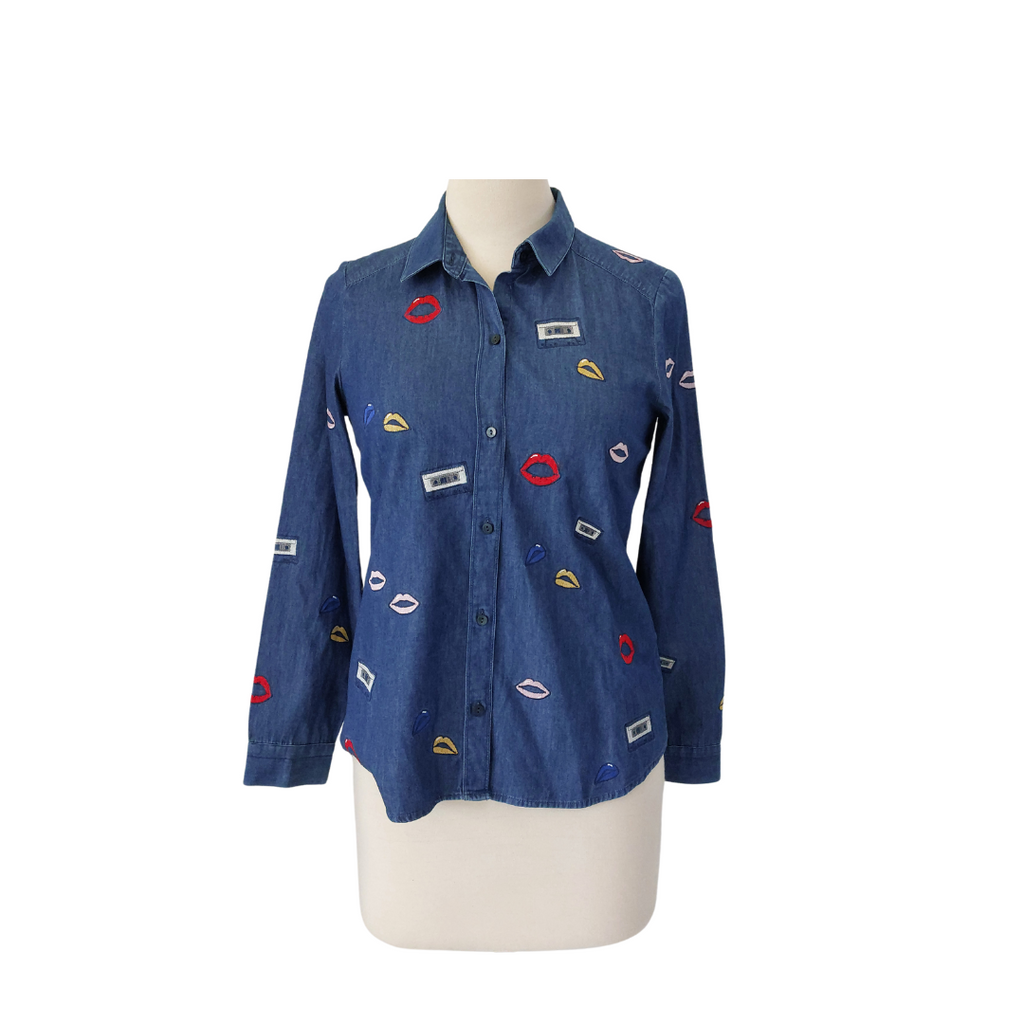 Zara Trafaluc Lips & Cassettes Embroidered Motifs Denim Shirt | Gently Used |