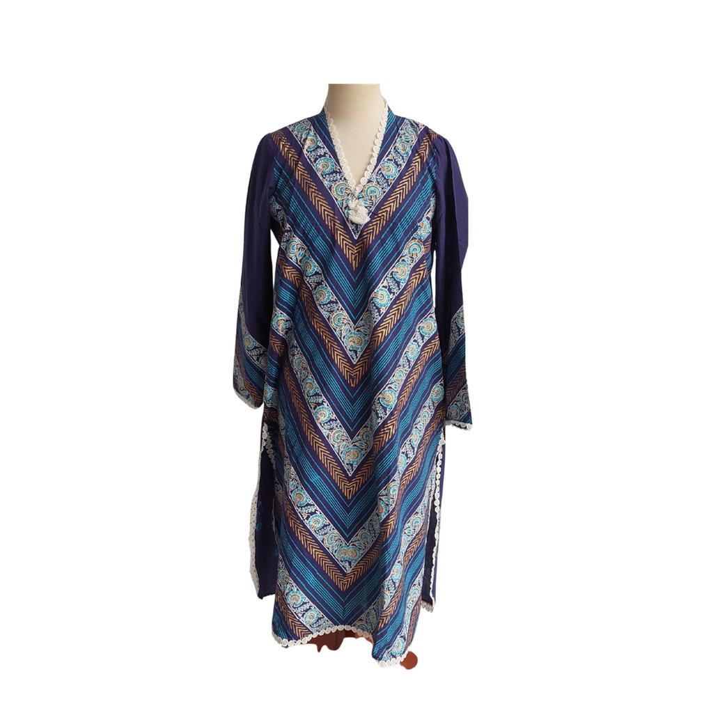 Blocked Blue Printed tassel & Lace Detail Kurta | Gently Used |