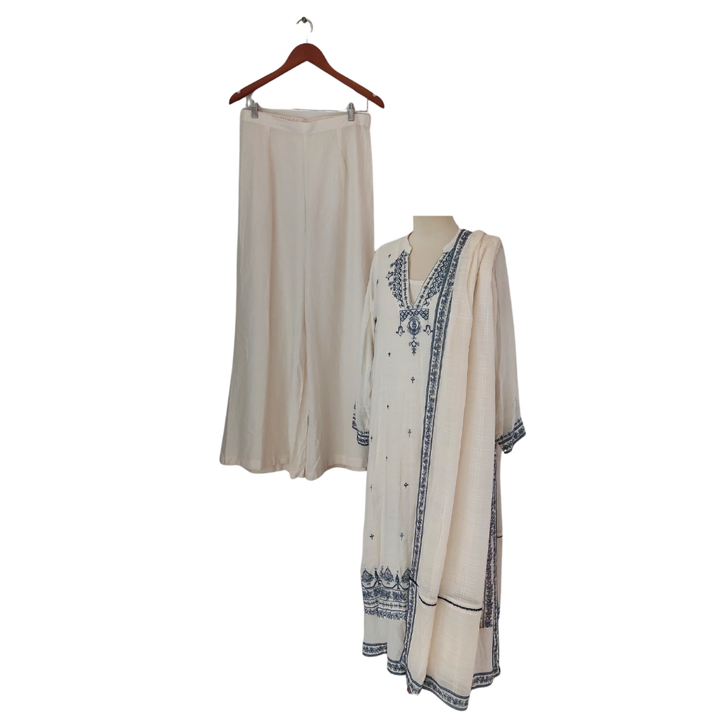 Zaib Cream & Blue Embroidered Outfit (4 Pieces) | Gently Used |