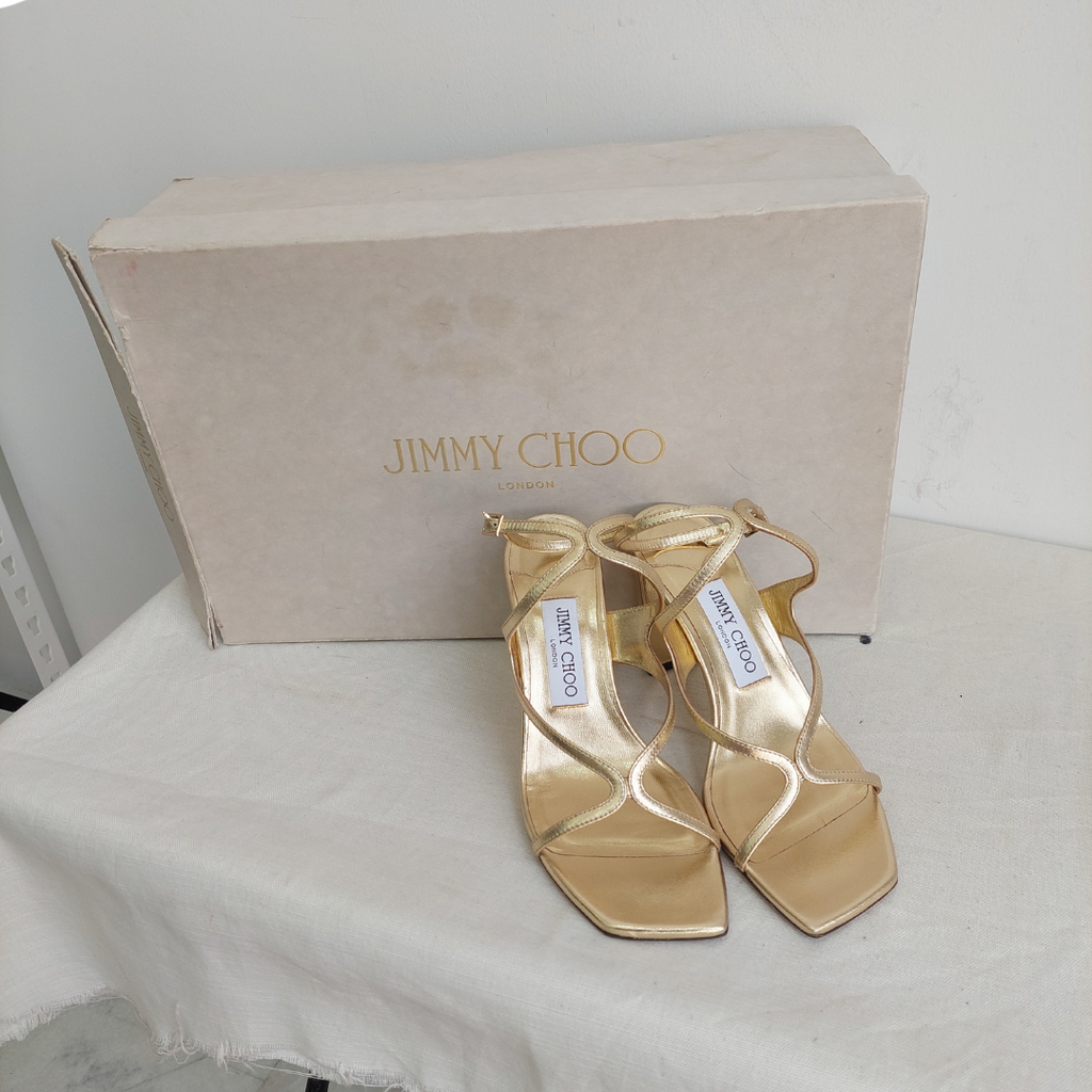 Jimmy Choo Gold Metallic Leather Azie 85 Sandals | Gently used |