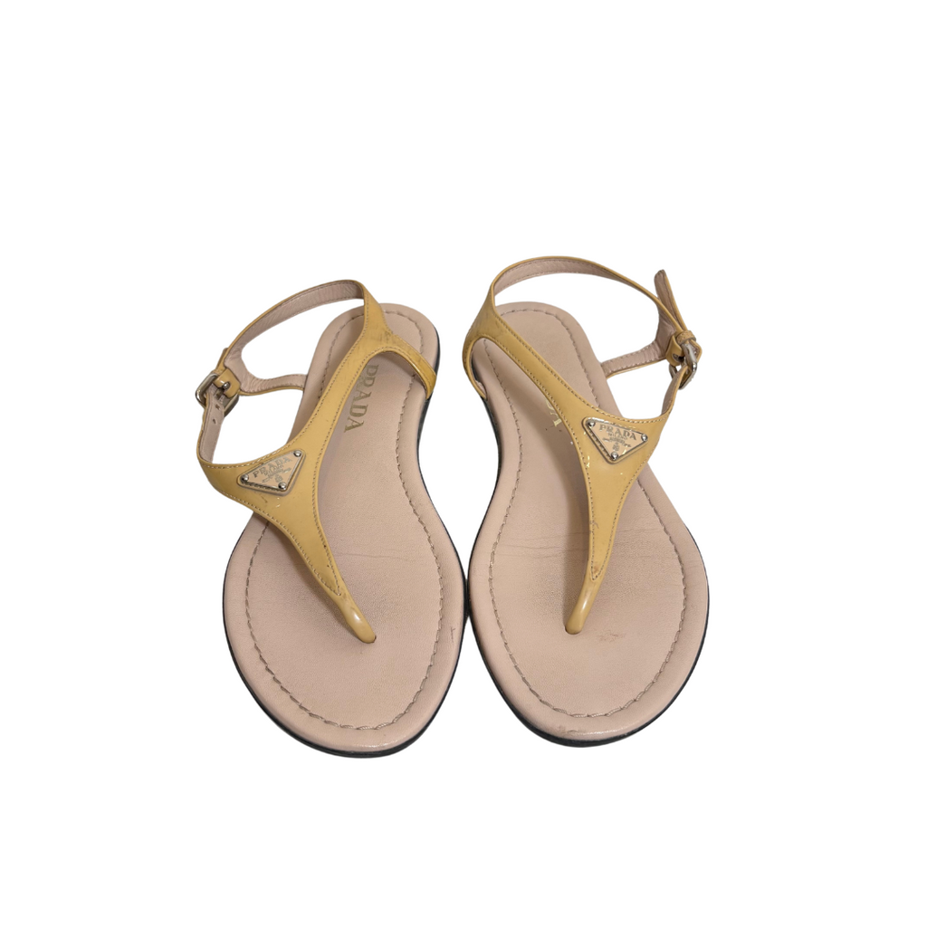 Prada Tan Patent Leather Sandals | Pre Loved |
