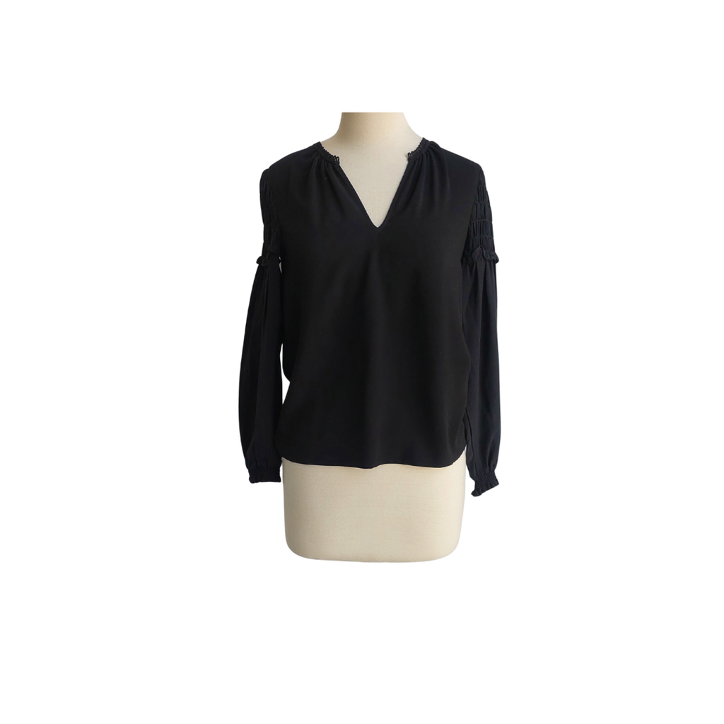 Club Monaco Black V-Neck Pleated Sleeves Top | Pre Loved |