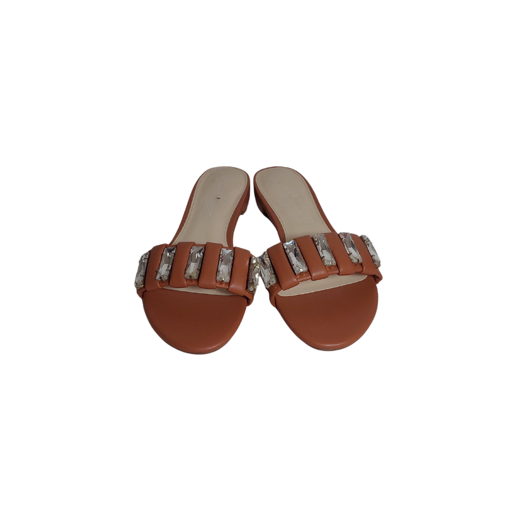 Jessica Simpson Tan Rhinestone Leatherette Slide Sandals | Brand new |