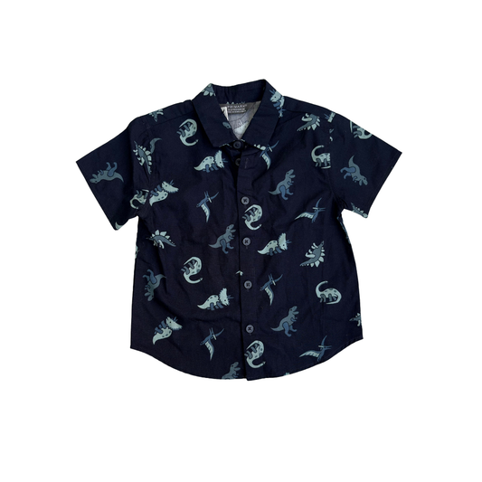 Primark Blue Dinosaur Short Sleeve Button-Up Shirt (2-3 Years) | Brand New |