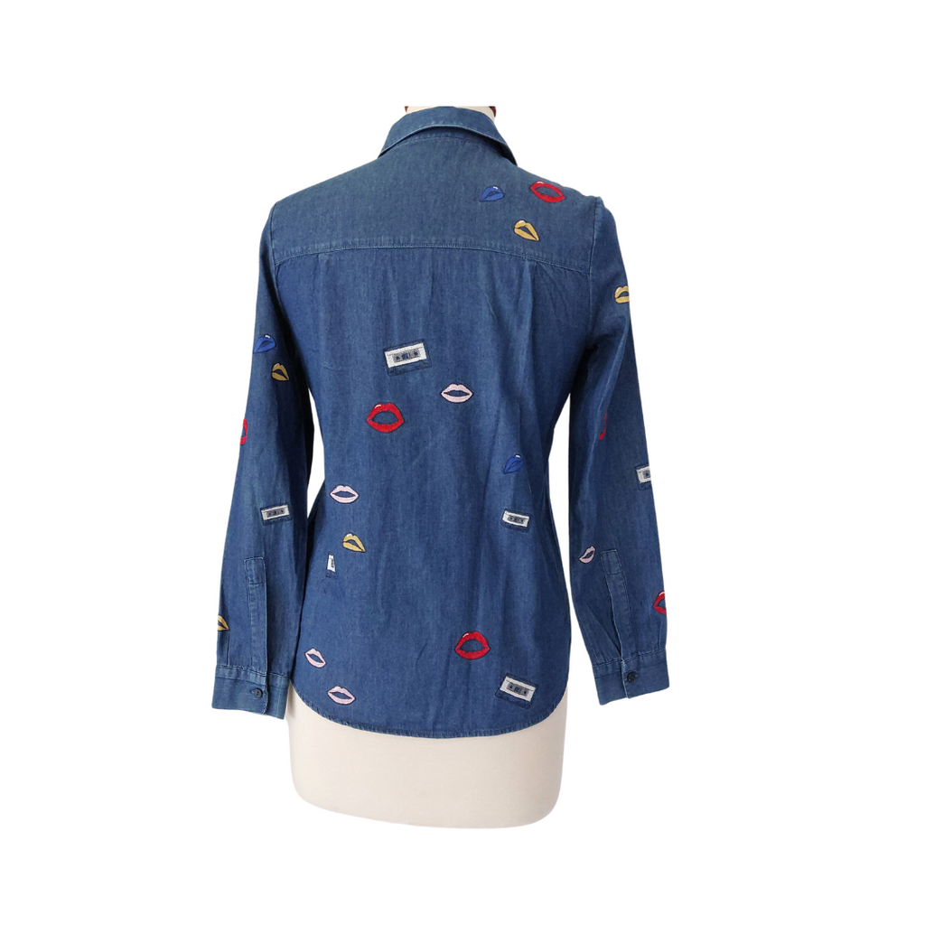 Zara Trafaluc Lips & Cassettes Embroidered Motifs Denim Shirt | Gently Used |