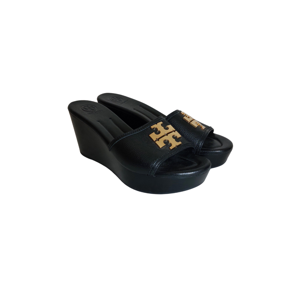 Tory Burch Black Leather 'Lowell 2' Wedge Sandals | Pre Loved |