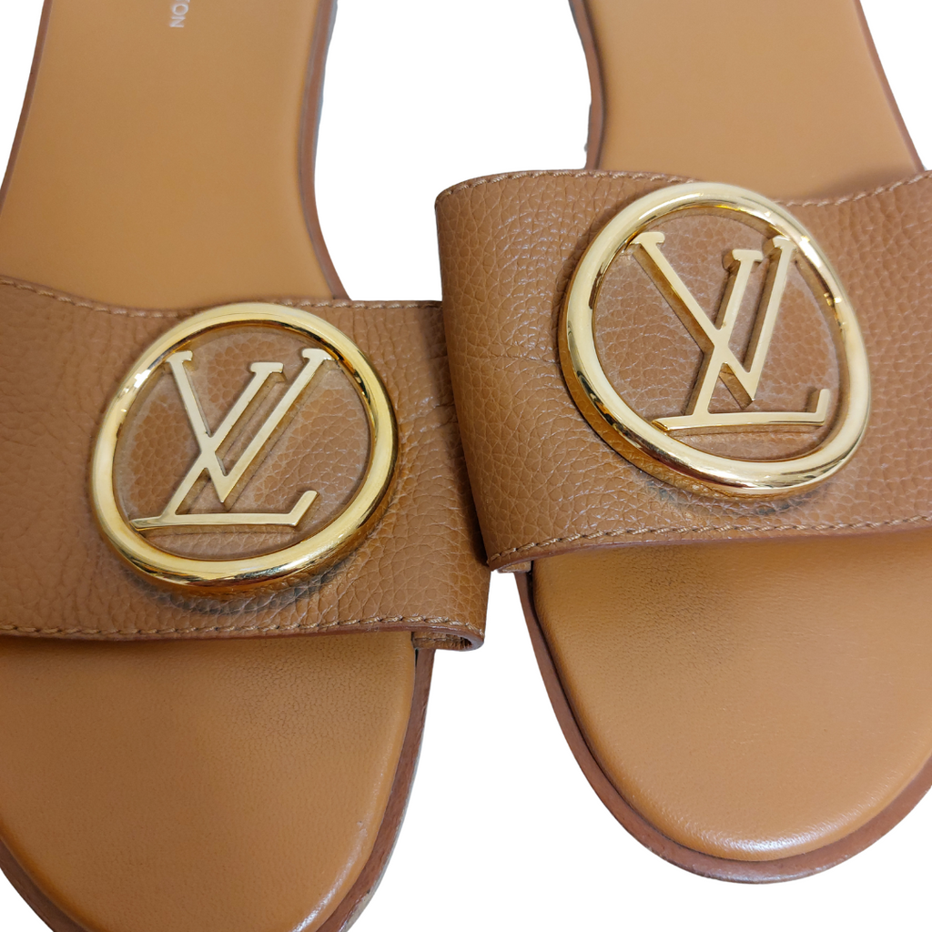 Louis Vuitton Brown Leather Lock It Flat Slides | Pre Loved |
