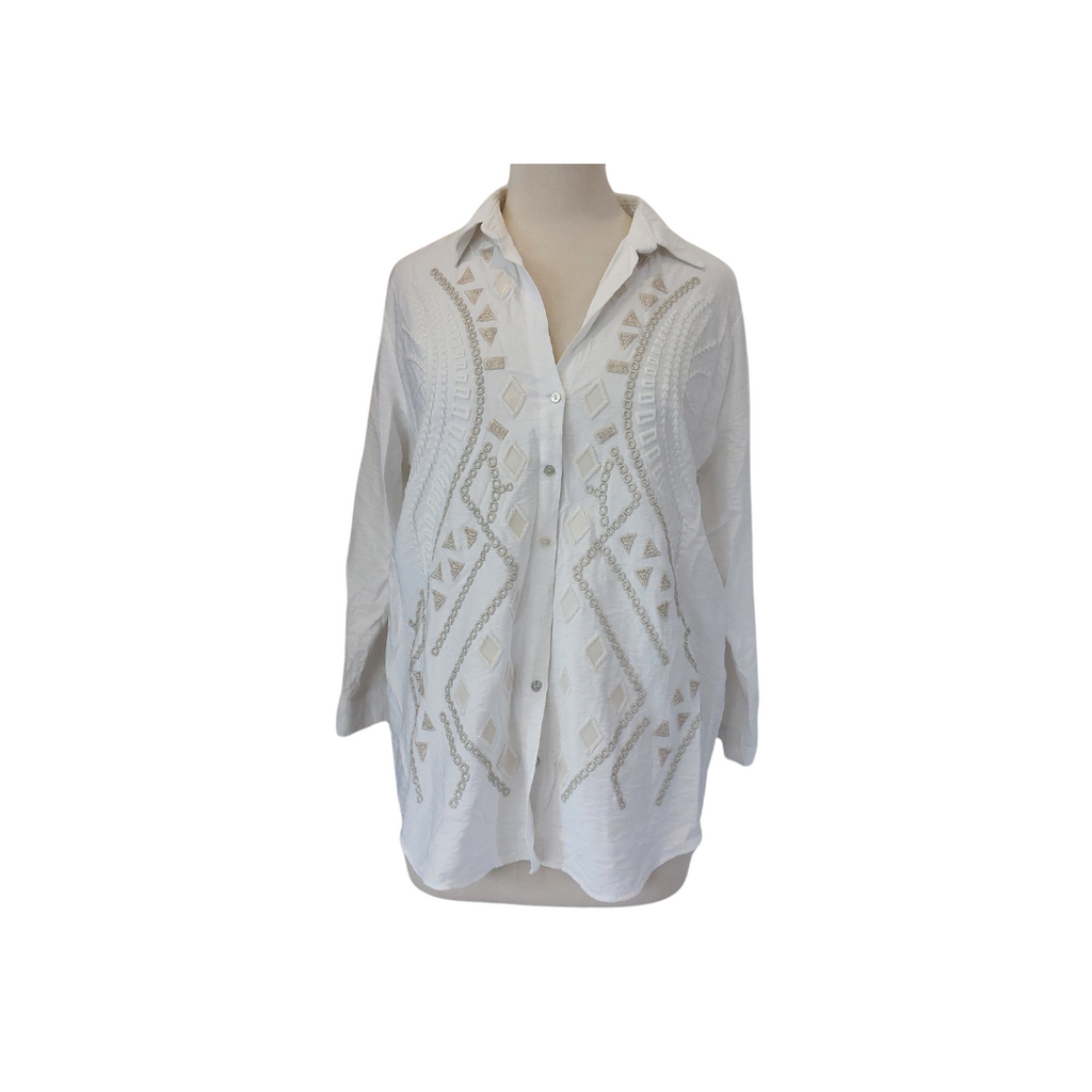 ORFEONEGRO White Embellished Collared Shirt | Gently Used |