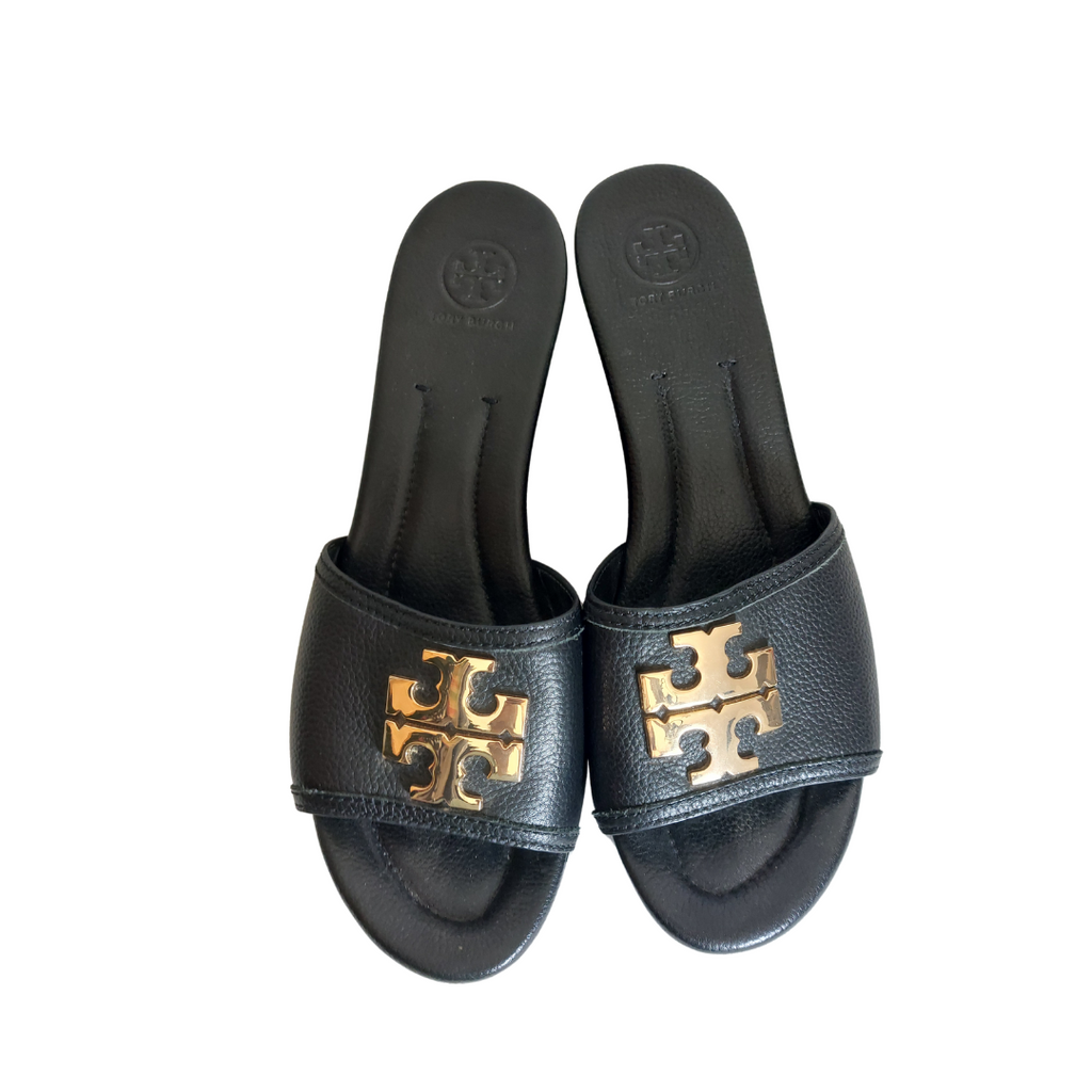 Tory Burch Black Leather 'Lowell 2' Wedge Sandals | Pre Loved |
